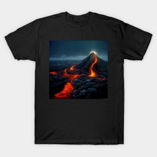 Volcano after eruption with lava flowing down across the landscape. T-Shirt